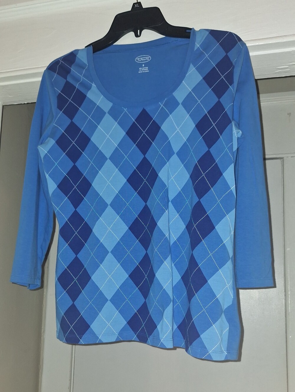Talbots Blue Argyle Scoop Neck Long Sleeve Top